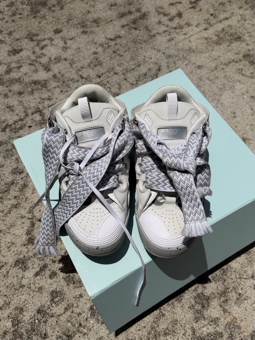 Lanvin White and Light Gray High-Top Sneakers with Patterned Laces